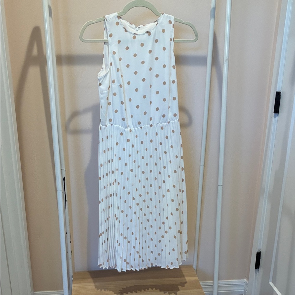 Ann Taylor White Dress with Beige Polka Dots - Sleeveless Pleated Skirt